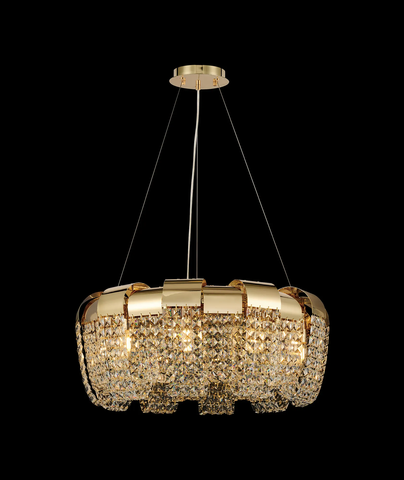 Kalani French Gold Crystal Ceiling Lights Diyas Ringed & Square Crystal Fittings
